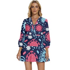 Seamless-pattern-microbes-virus-vector-illustration V-neck Placket Mini Dress by Salman4z