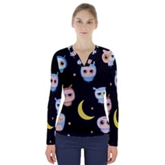 Cute-owl-doodles-with-moon-star-seamless-pattern V-neck Long Sleeve Top by Salman4z
