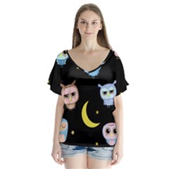 Cute-owl-doodles-with-moon-star-seamless-pattern V-neck Flutter Sleeve Top by Salman4z