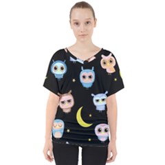 Cute-owl-doodles-with-moon-star-seamless-pattern V-neck Dolman Drape Top by Salman4z