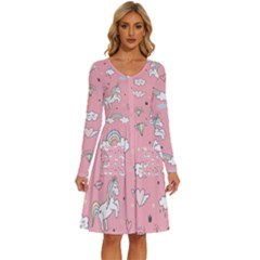 Cute-unicorn-seamless-pattern Long Sleeve Dress With Pocket by Salman4z