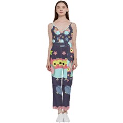 Owl-stars-pattern-background V-neck Spaghetti Strap Tie Front Jumpsuit by Salman4z