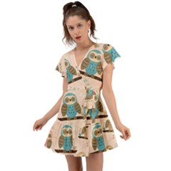 Seamless-pattern-owls-dream-cute-style-pajama-fabric Flutter Sleeve Wrap Dress by Salman4z