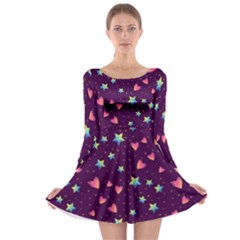 Colorful-stars-hearts-seamless-vector-pattern Long Sleeve Skater Dress by Salman4z