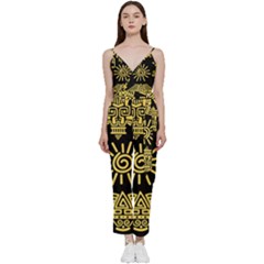 Maya-style-gold-linear-totem-icons V-neck Spaghetti Strap Tie Front Jumpsuit by Salman4z