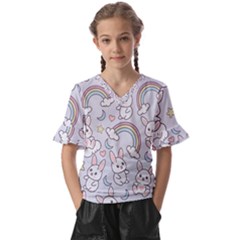Seamless-pattern-with-cute-rabbit-character Kids  V-neck Horn Sleeve Blouse by Salman4z