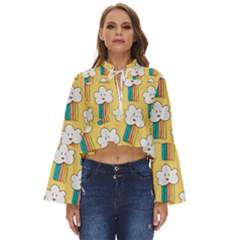 Smile-cloud-rainbow-pattern-yellow Boho Long Bell Sleeve Top by Salman4z