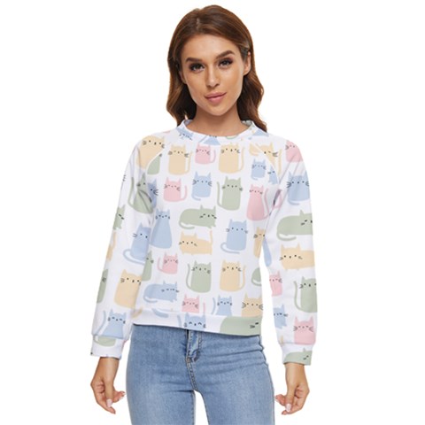 Cute-cat-colorful-cartoon-doodle-seamless-pattern Women s Long Sleeve Raglan Tee by Salman4z