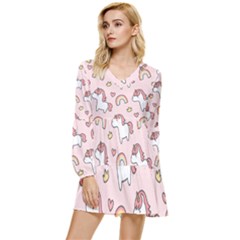 Cute-unicorn-rainbow-seamless-pattern-background Tiered Long Sleeve Mini Dress by Salman4z