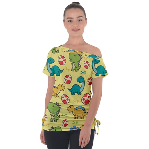 Seamless Pattern With Cute Dinosaurs Character Off Shoulder Tie-up Tee by pakminggu