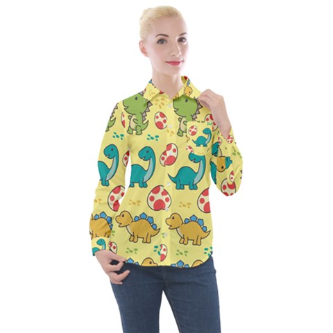 Seamless Pattern With Cute Dinosaurs Character Women s Long Sleeve Pocket Shirt by pakminggu