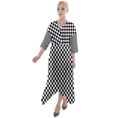 Black And White Checkerboard Background Board Checker Quarter Sleeve Wrap Front Maxi Dress by pakminggu