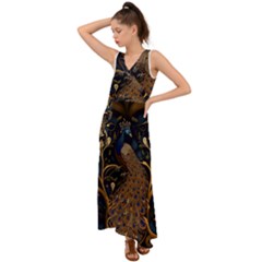 Peacock Plumage Bird  Pattern Graceful V-neck Chiffon Maxi Dress by pakminggu