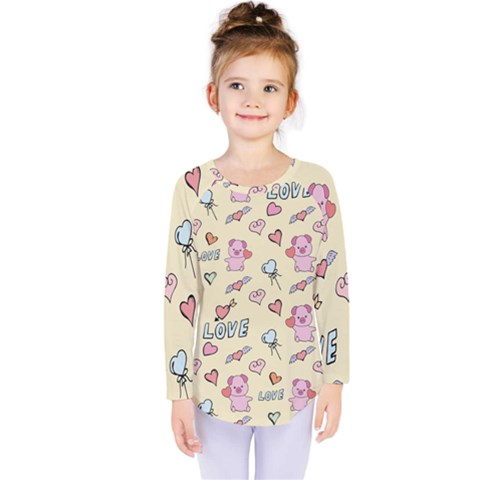 Pig Animal Love Romance Seamless Texture Pattern Kids  Long Sleeve Tee by pakminggu