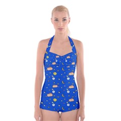 Cat Animals Sleep Stars Seamless Background Boyleg Halter Swimsuit  by pakminggu