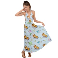 Pattern Giraffe Animal Seamless Scrapbooking Blue Backless Maxi Beach Dress by pakminggu