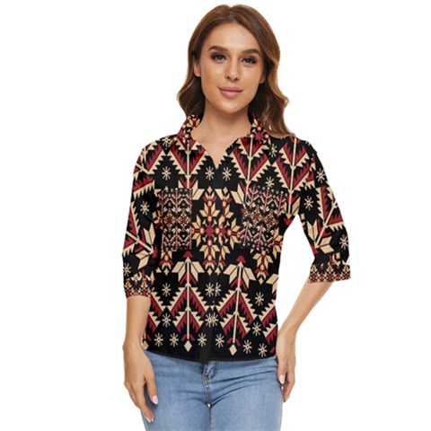 Vector Illustration Of Ukrainian Folk Seamless Pattern Ethnic Ornament Border Element Traditional Women s Quarter Sleeve Pocket Shirt by pakminggu