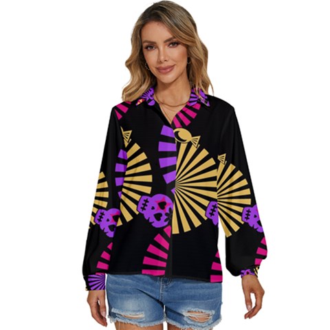 Seamless Halloween Day Of The Dead Women s Long Sleeve Button Up Shirt by danenraven