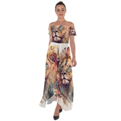 Lion Africa African Art Off Shoulder Open Front Chiffon Dress by Mog4mog4