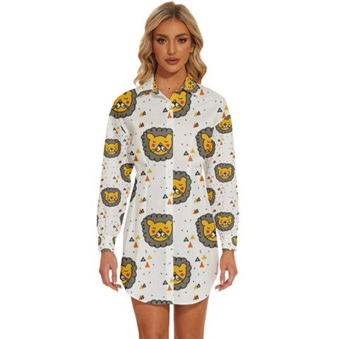 Lion Heads Pattern Design Doodle Womens Long Sleeve Shirt Dress by Mog4mog4