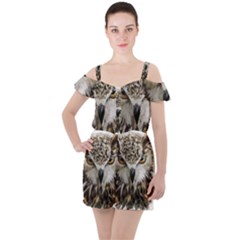 Vector Hand Painted Owl Ruffle Cut Out Chiffon Playsuit by Mog4mog4