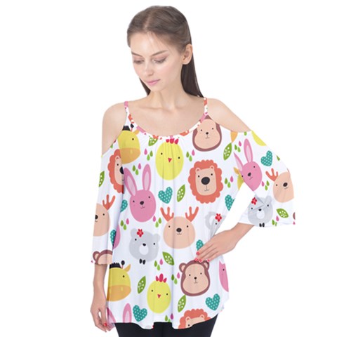 Cute Animals Cartoon Seamless Background Flutter Sleeve Tee  by Bakwanart