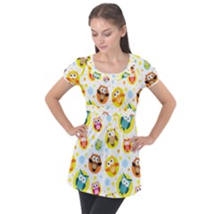 Owl Bird Cartoon Puff Sleeve Tunic Top by Bakwanart