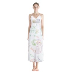 Cats And Food Doodle Seamless Pattern Button Up Chiffon Maxi Dress by Bakwanart