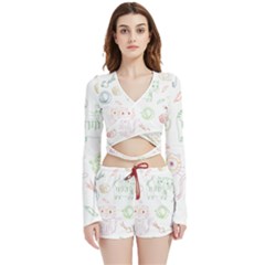 Cats And Food Doodle Seamless Pattern Velvet Wrap Crop Top And Shorts Set by Bakwanart
