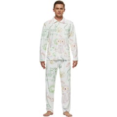Cats And Food Doodle Seamless Pattern Men s Long Sleeve Velvet Pocket Pajamas Set by Bakwanart