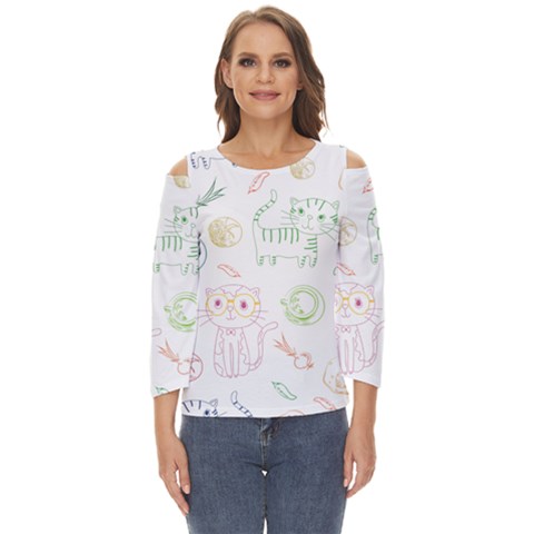 Cats And Food Doodle Seamless Pattern Cut Out Wide Sleeve Top by Bakwanart