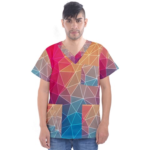 Multicolored Geometric Origami Idea Pattern Men s V-neck Scrub Top by Bakwanart