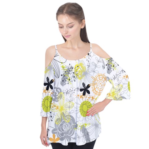 Doodle Flowers Hand Drawing Pattern Flutter Sleeve Tee  by Bakwanart
