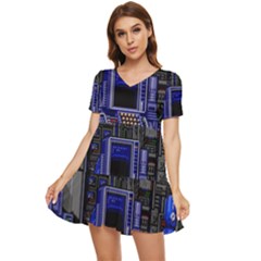 Blue Computer Monitor With Chair Game Digital Wallpaper, Digital Art Tiered Short Sleeve Babydoll Dress by Bakwanart