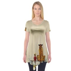 Tiger Sitting Beside Boy Painting Parody Cartoon Short Sleeve Tunic  by Bakwanart