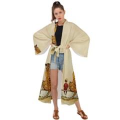 Tiger Sitting Beside Boy Painting Parody Cartoon Maxi Kimono by Bakwanart