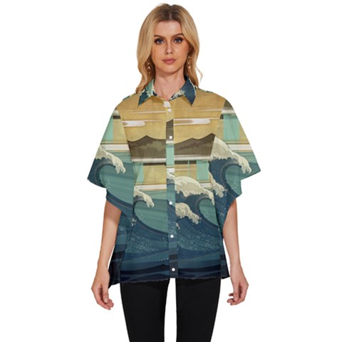 Sea Asia, Waves Japanese Art The Great Wave Off Kanagawa Women s Batwing Button Up Shirt by Bakwanart