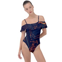 Abstract Colorful Circuit Frill Detail One Piece Swimsuit by Bakwanart