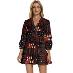 Red Computer Circuit Board V-neck Placket Mini Dress by Bakwanart
