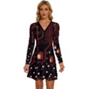 Red Computer Circuit Board Long Sleeve Deep V Mini Dress  View1