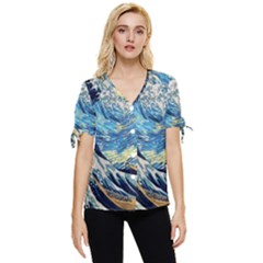 The Great Wave Of Kanagawa Painting Hokusai, Starry Night Vincent Van Gogh Bow Sleeve Button Up Top by Bakwanart
