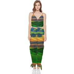 Grassland Nature Palouse Green Field Hill Sky Butte Sleeveless Tie Ankle Chiffon Jumpsuit by Bakwanart