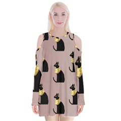 Cat Egyptian Ancient Statue Egypt Culture Animals Velvet Long Sleeve Shoulder Cutout Dress by 99art