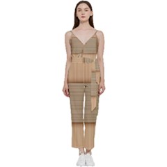 Wooden Wickerwork Texture Square Pattern V-neck Spaghetti Strap Tie Front Jumpsuit by 99art
