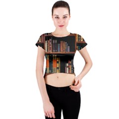 Assorted Title Of Books Piled In The Shelves Assorted Book Lot Inside The Wooden Shelf Crew Neck Crop Top by 99art