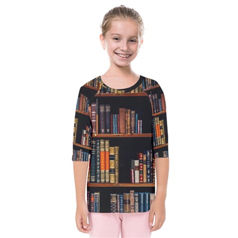 Assorted Title Of Books Piled In The Shelves Assorted Book Lot Inside The Wooden Shelf Kids  Quarter Sleeve Raglan Tee by 99art