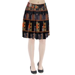 Assorted Title Of Books Piled In The Shelves Assorted Book Lot Inside The Wooden Shelf Pleated Skirt by 99art