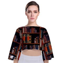 Assorted Title Of Books Piled In The Shelves Assorted Book Lot Inside The Wooden Shelf Tie Back Butterfly Sleeve Chiffon Top by 99art