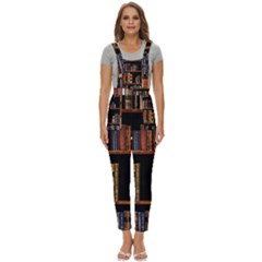 Assorted Title Of Books Piled In The Shelves Assorted Book Lot Inside The Wooden Shelf Women s Pinafore Overalls Jumpsuit by 99art