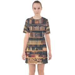Books On Bookshelf Assorted Color Book Lot In Bookcase Library Sixties Short Sleeve Mini Dress by 99art